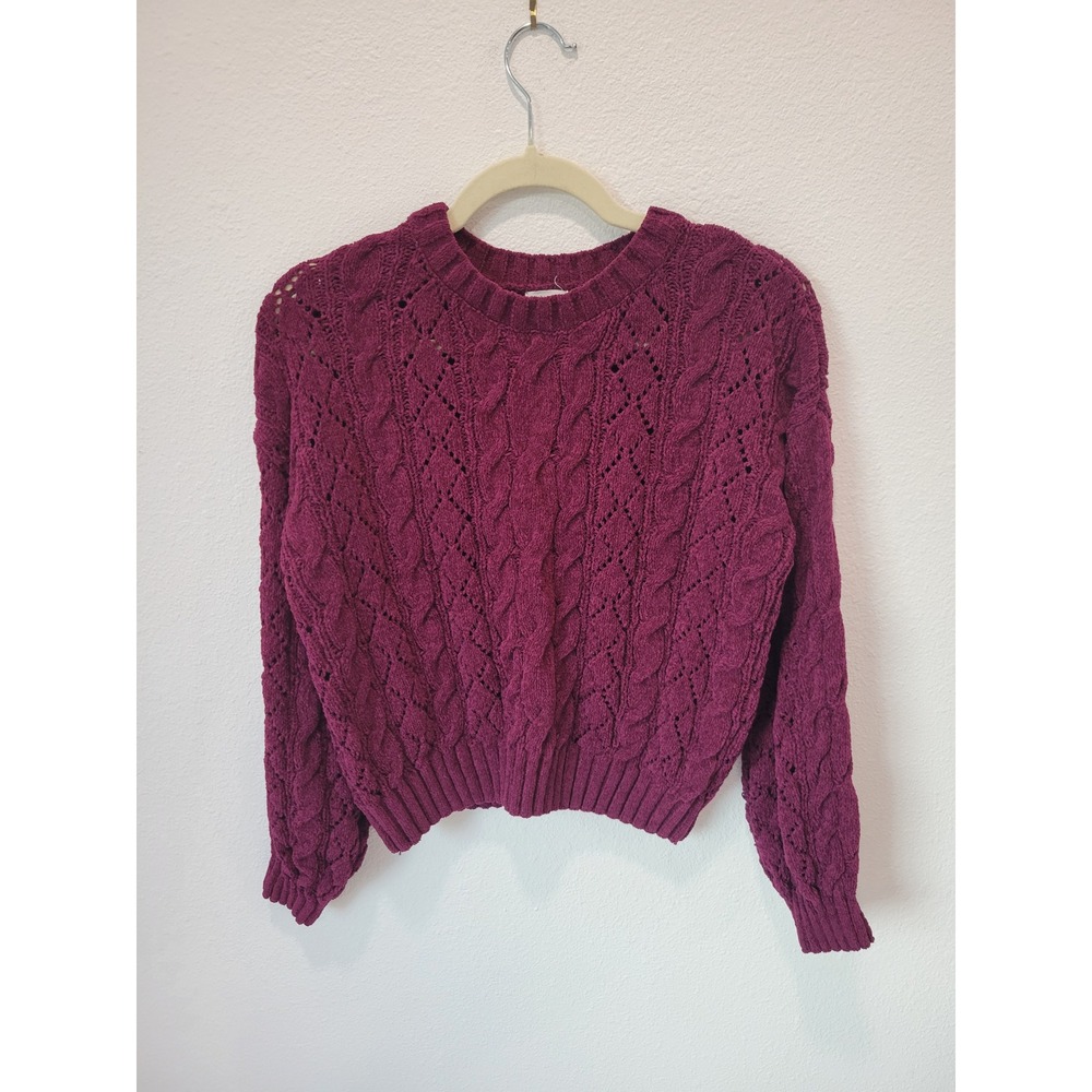 Hippie Rose Women S Plum Chenille Cable Knit Sweater Open Knit Crewneck